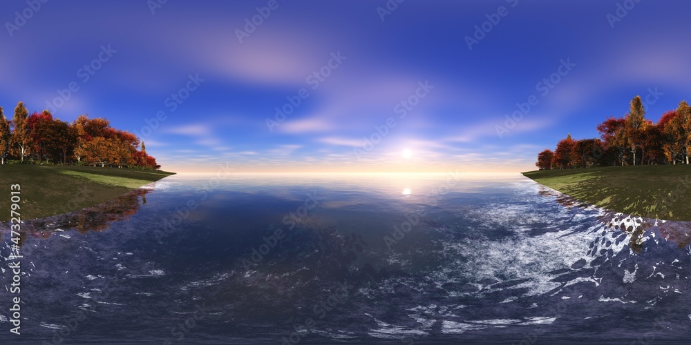 The autumn landscape, HDRI. Round panorama, spherical panorama, equidistant projection, land under heaven,
