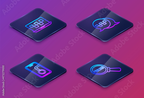 Set Isometric line Laptop call taxi service, City map navigation, Taxi telephone and Magnifying glass and car. Blue square button. Vector