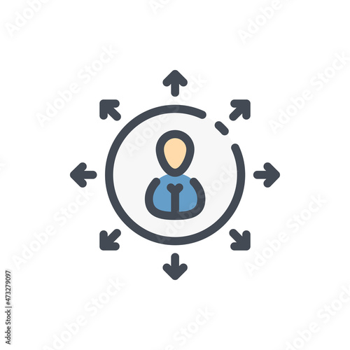 Multifunctionality and Versatility color line icon. Person in circle with arrows pointing outward vector outline colorful sign. photo