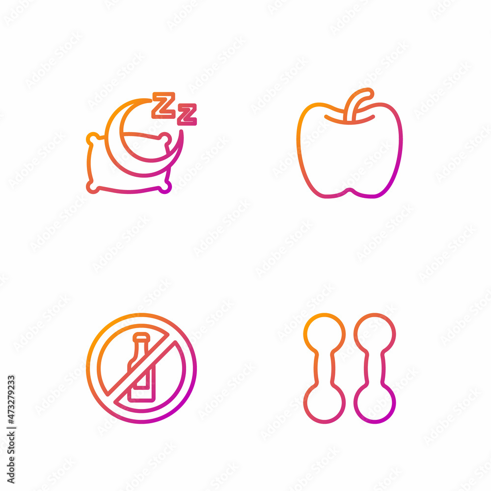 Set line Dumbbell, No alcohol, Time to sleep and Apple. Gradient color icons. Vector