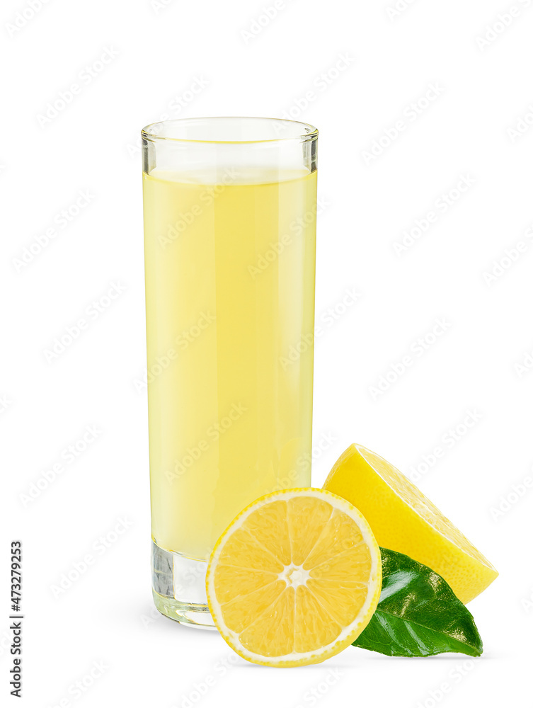 Glass of juice with lemons isolated on white background with clipping path. Glass of juice with lemons isolated on white background with clipping path.