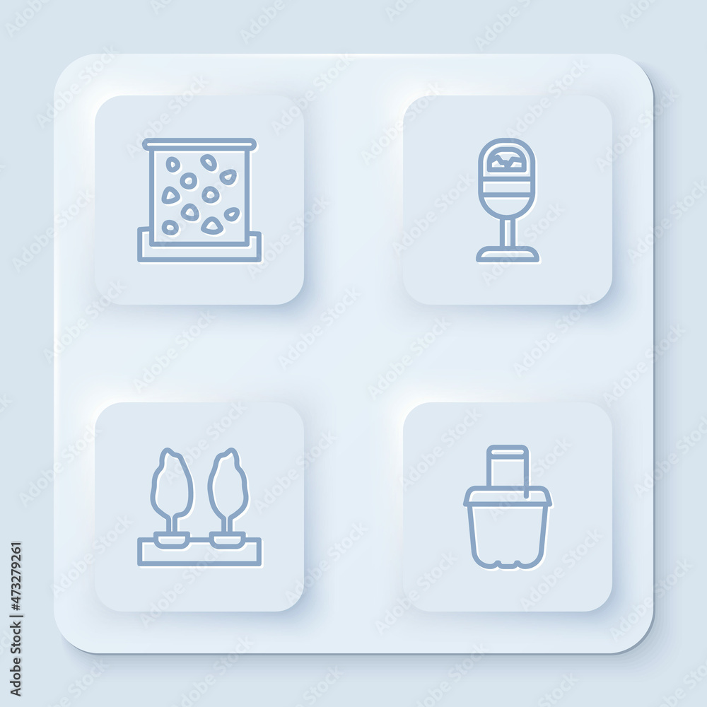 Set line Climbing wall, Trash can, Forest and Sand bucket. White square button. Vector Set line Climbing wall, Trash can, Forest and Sand bucket. White square button. Vector