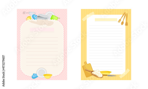 Pages with lines for recipe entries. Recipe book page templates set, culinary stickers cartoon vector illustration