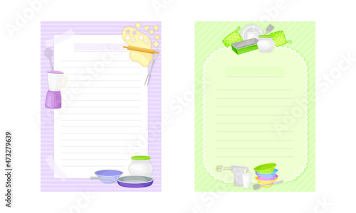 Pages with lines for recipe entries. Recipe book page templates with kitchen utensils set vector illustration