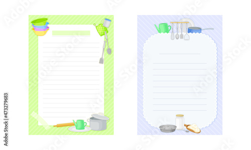 Pages for recipe entries. Recipe book lined page templates with kitchen tools set vector illustration