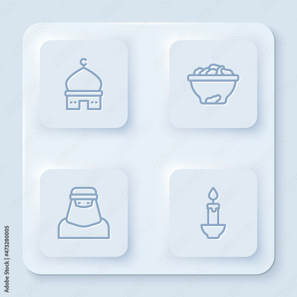 Set line Muslim Mosque, Date fruit in bowl, woman niqab and Burning candle. White square button. Vector Set line Muslim Mosque, Date fruit in bowl, woman niqab and Burning candle. White square button. Vector