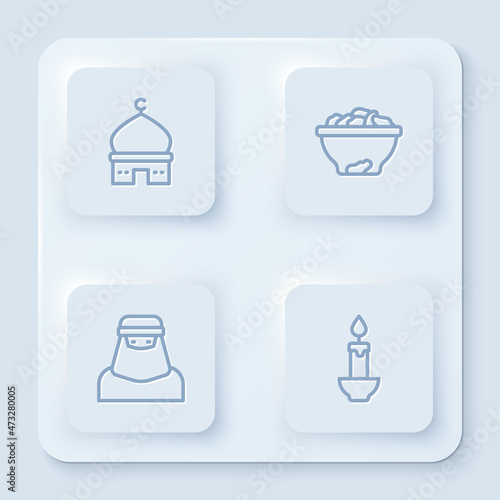 Set line Muslim Mosque  Date fruit in bowl  woman niqab and Burning candle. White square button. Vector