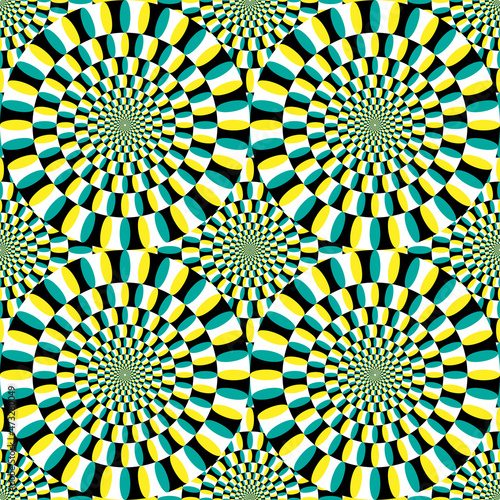 Optical illusion art. Concentric circles that trick the eye into seeing rotating movement. Seamless EPS10 vector format.