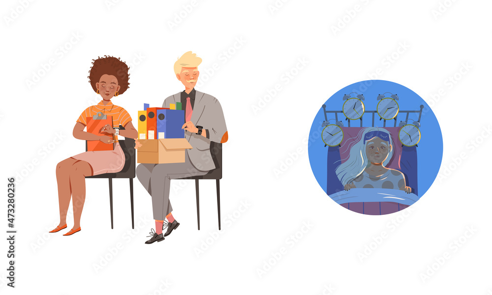 Stress, deadline at work or busy lifestyle. Overworked business people characters sleeping at work vector illustration Stress, deadline at work or busy lifestyle. Overworked business people characters sleeping at work vector illustration