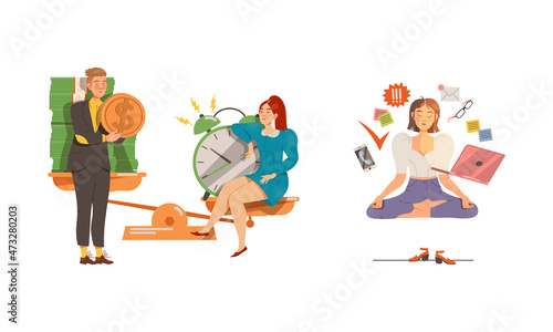 Stress, deadline at work or busy lifestyle. Overworked business people characters set vector illustration