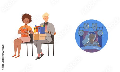 Stress, deadline at work or busy lifestyle. Overworked business people characters sleeping at work vector illustration