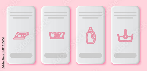 Set line Electric iron, Temperature wash, Bottle for cleaning agent and . White rectangle button. Vector