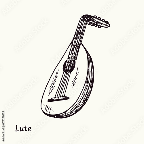 Lute. Ink black and white doodle drawing in woodcut style with inscription.