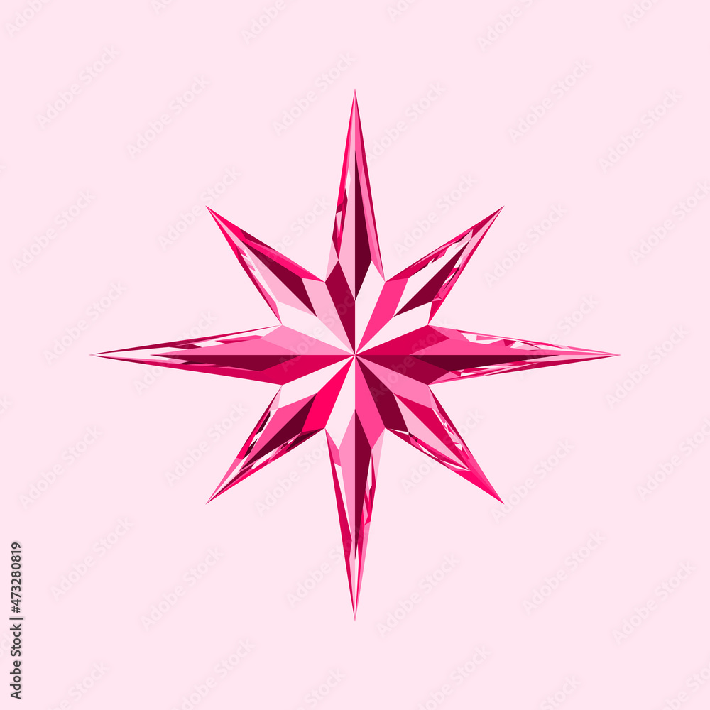 Obraz premium Red Crystal Eight Pointed Star. Beautiful ruby geo sign icon, wind rose, Christmas Star. Decor for Greeting Cards, Christmas tree, Banners, Posters, Invitations, Birthdays, Awards