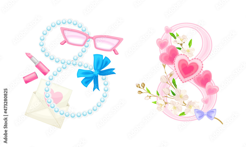 8 March International Womens Day cards design set. Pink number 8 with spring flowers, glasses, lipstick and beads vector illustration