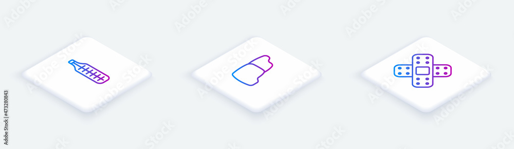 Set Isometric line Medical thermometer, Human organ liver and Crossed bandage plaster. White square button. Vector