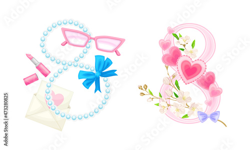 8 March International Womens Day cards design set. Pink number 8 with spring flowers, glasses, lipstick and beads vector illustration