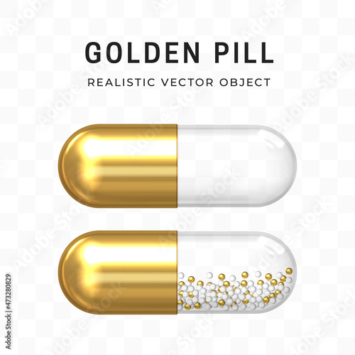 Gold pill. Capsule with a gold and transparent part with white and gold granules. Isolated pharmaceutical product. Drug design. Health care and medicine, health and beauty concept