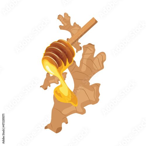 honey dripping from a wooden dipper of ginger