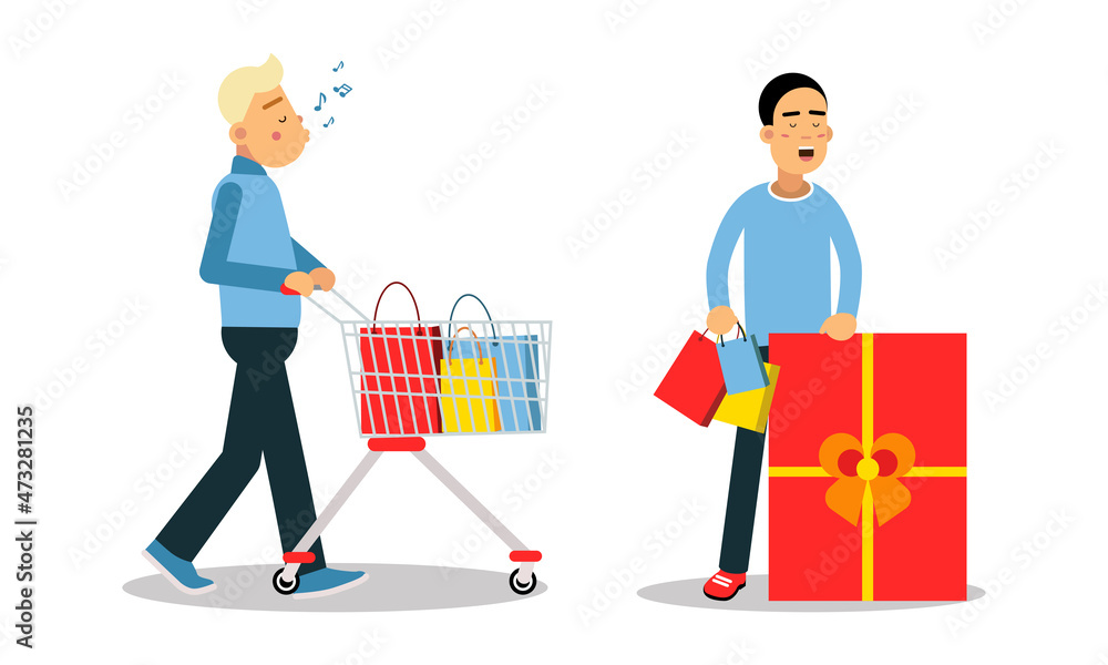 People carrying shopping bags with purchases set. Male customers taking part in seasonal sale at store vector illustration People carrying shopping bags with purchases set. Male customers taking part in seasonal sale at store vector illustration
