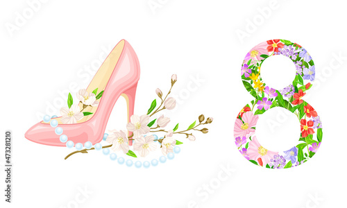 8 March International Womens Day cards design set. Number 8 and pink high heel shoe with cherry blossom flowers vector illustration