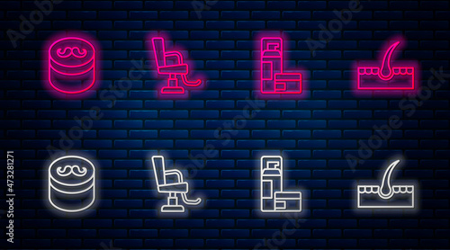 Set line Barbershop chair, Shaving gel foam, Gel or wax for styling and Human follicle. Glowing neon icon on brick wall. Vector