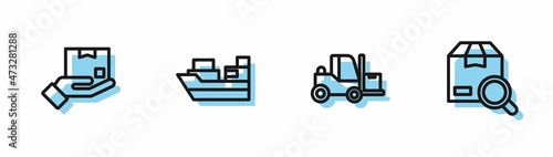 Set line Forklift truck, Delivery hand with box, Cargo ship boxes delivery and Search package icon. Vector