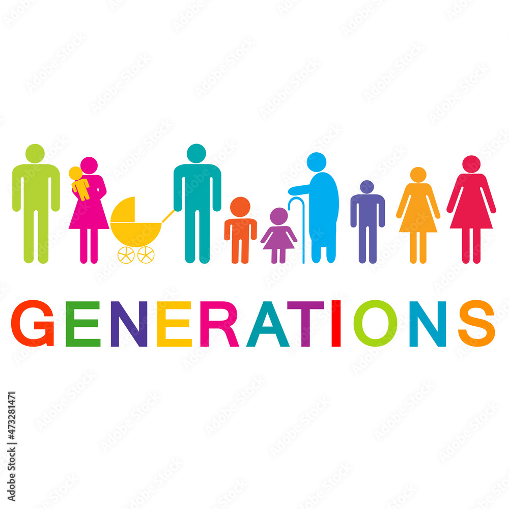 Generations concept with icon silhouette of humans in different life ages