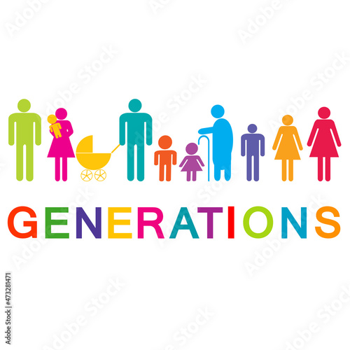 Generations concept with icon silhouette of humans in different life ages