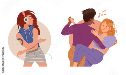 Young people listening to music and dancing set vector illustration