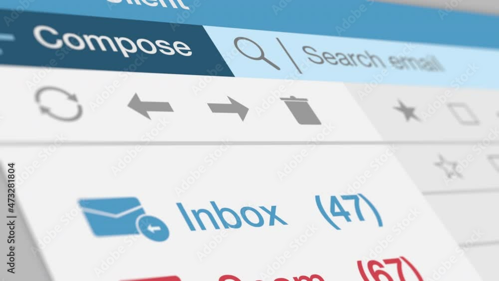 email client software interface, close-up view,number counter for inbox and spam emails, concept of online scam, phishing and malware (3d render)