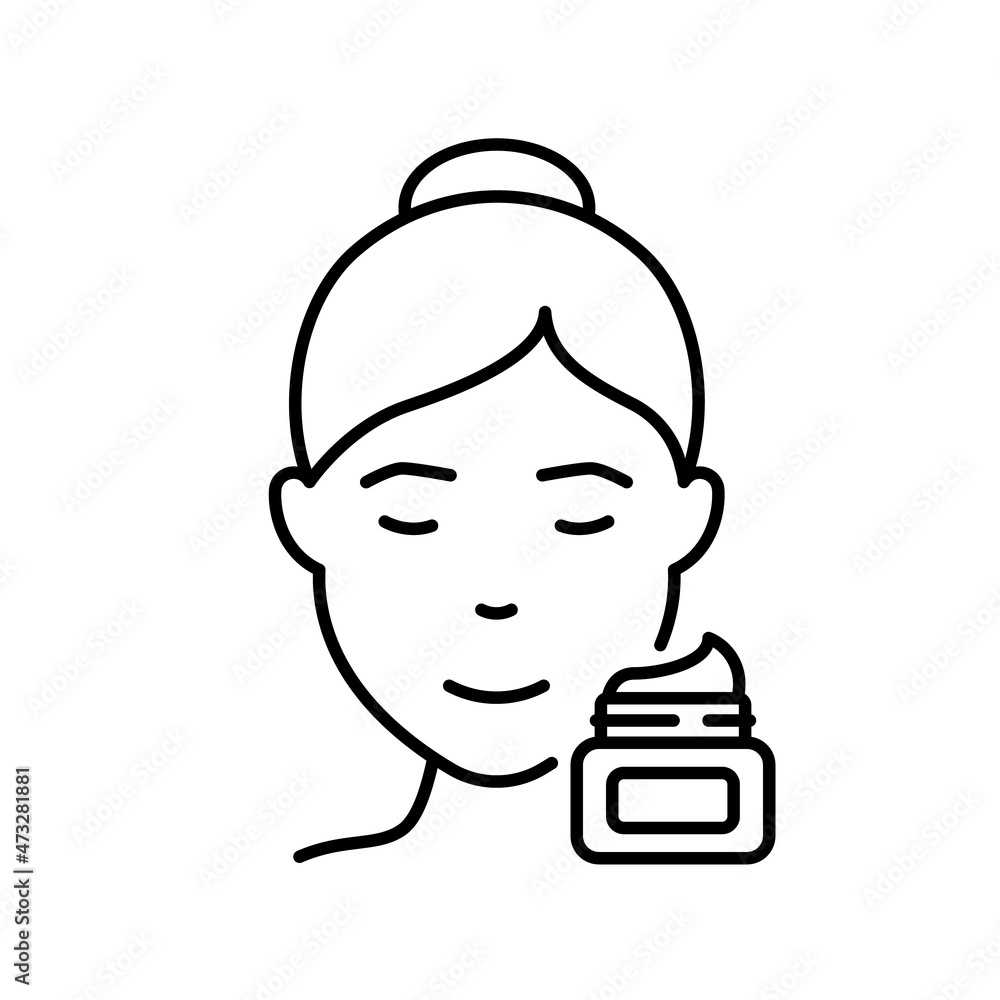 Moisturizing Cream for Skin Line Icon. Woman Use Daily or Night Cream, Gel, Foam, Mousse or Soap Linear Icon. Sunscreen, Sun Block Cream Outline Icon. Editable Stroke. Isolated Vector Illustration Moisturizing Cream for Skin Line Icon. Woman Use Daily or Night Cream, Gel, Foam, Mousse or Soap Linear Icon. Sunscreen, Sun Block Cream Outline Icon. Editable Stroke. Isolated Vector Illustration