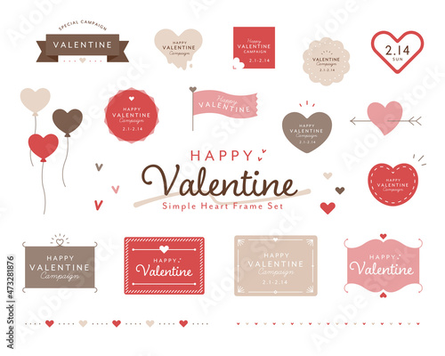 バレンタインデーのフレームのセット　ハート　かわいい　シンプル　枠　飾り　装飾　デザイン　リボン