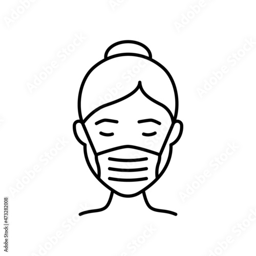 Woman in Medical Face Mask Line Icon. Wear Respirator against Air Pollution, Virus, Allergy and Dust. Face Protection Mask Cover Nose and Mouth of Girl. Editable stroke. Vector illustration