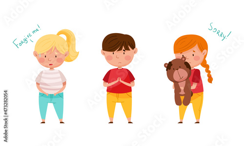 Upset cute little children saying sorry set. Good manners of kids cartoon vector illustration