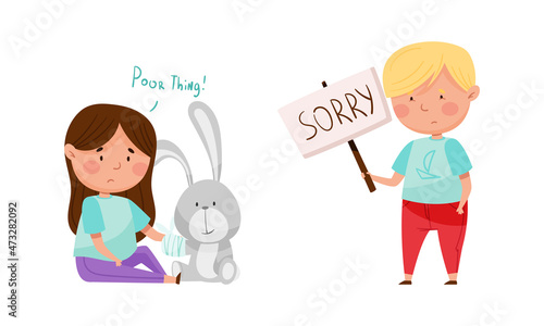 Cute upset little girl and boy feeling sorry for toy rabbit and apologizing. Good manners of kids cartoon vector illustration