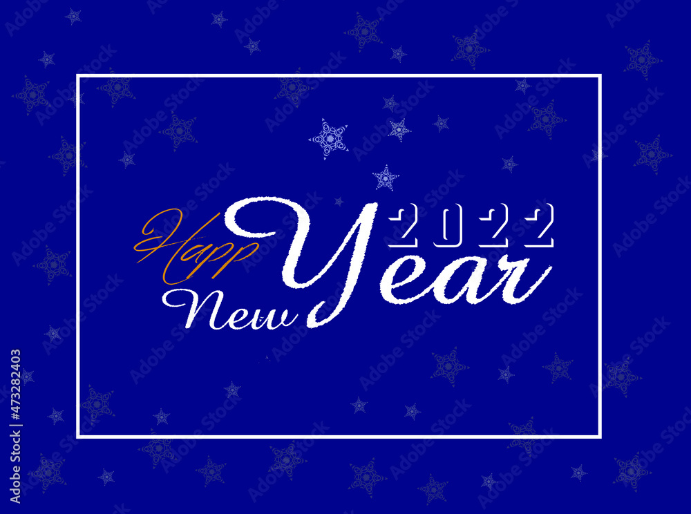 Happy New Year 2022 typography blue background design with snowflakes