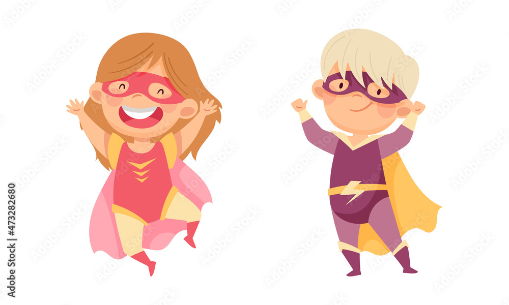 Smiling little boy and girl wearing superheroes costumes set. Kids having fun at carnival or birthday party cartoon vector illustration Smiling little boy and girl wearing superheroes costumes set. Kids having fun at carnival or birthday party cartoon vector illustration