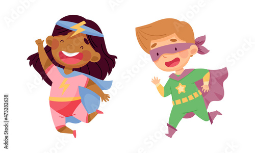 Happy little kids wearing superheroes costumes set. Children having fun at carnival or birthday party cartoon vector illustration