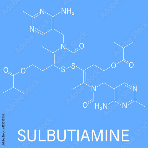 Sulbutiamine asthenia drug molecule. Also used in nutritional supplements. Skeletal formula.