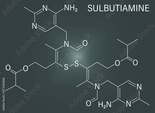Sulbutiamine asthenia drug molecule. Also used in nutritional supplements. Skeletal formula.