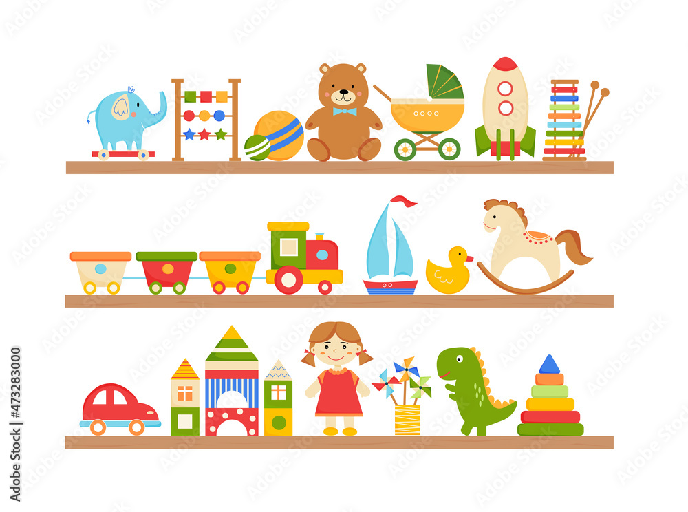 Obraz premium Kids toys on wooden shelves. Teddy bear, train, car, doll, dino, cubes, elephant, rocket, boat, xylophone, pyramid. Vector illustration for store, shop, kindergarten, childrens room. White background