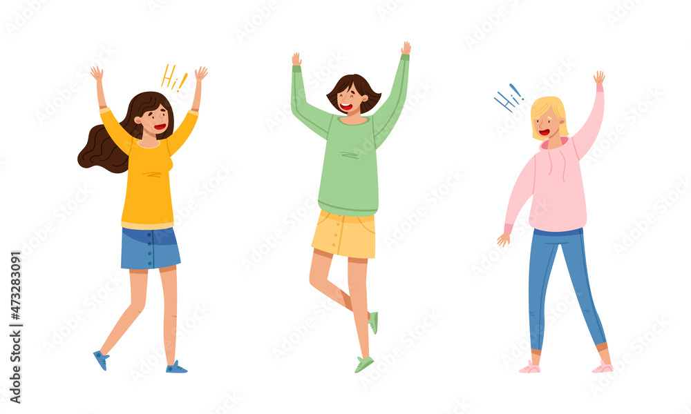 Fototapeta premium Young people waving hands and saying hi set. Happy friends or students raising hands doing greeting gesture cartoon vector illustration