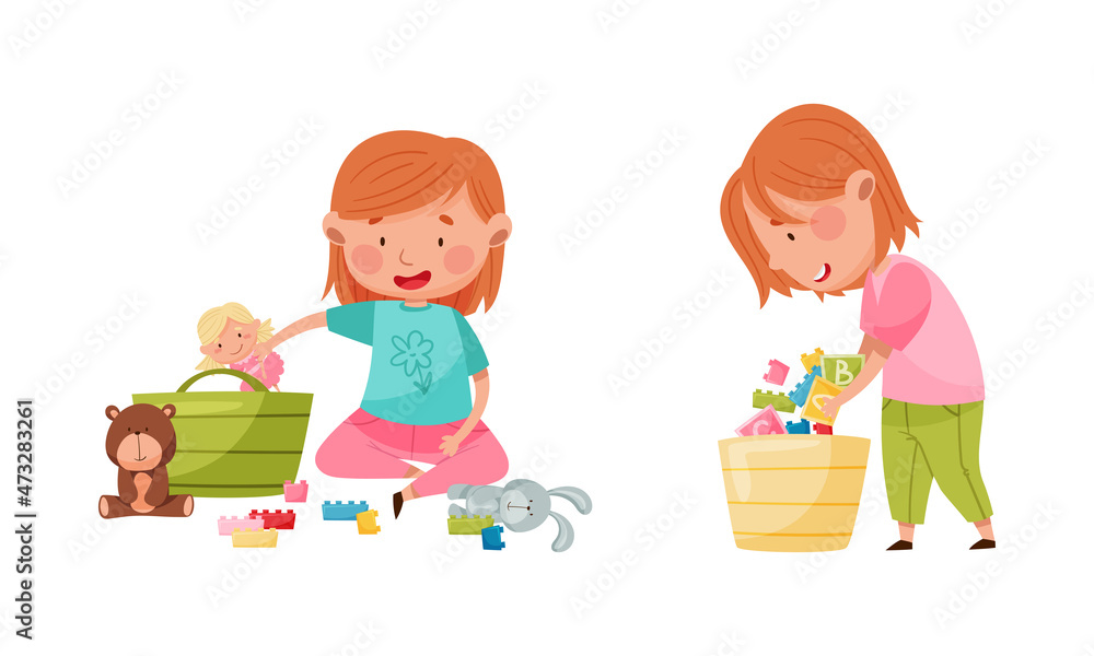 Cute kids playing with toys set. Little girls playing and putting toys in baskets cartoon vector illustration Cute kids playing with toys set. Little girls playing and putting toys in baskets cartoon vector illustration