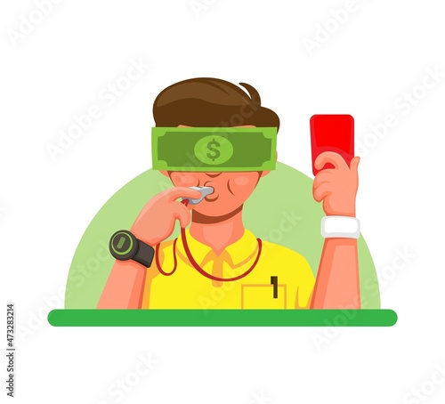 Bad referee with money on face symbol bribery, match fixing and illegal activity in sport tournament illustration vector