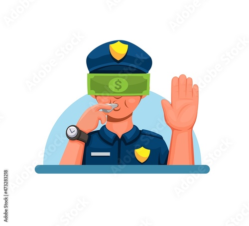 Bad Police with Money on face, corruption, bribery and illegal activity in police department symbol illustration vector