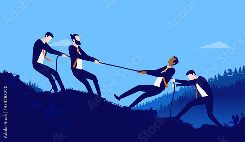 Corporate people in competition - Vector illustration of businessmen competing in tug of war, pulling rope and having a rivalry. Business rivalry concept.