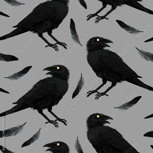 Vector seamless pattern with raven and feathers