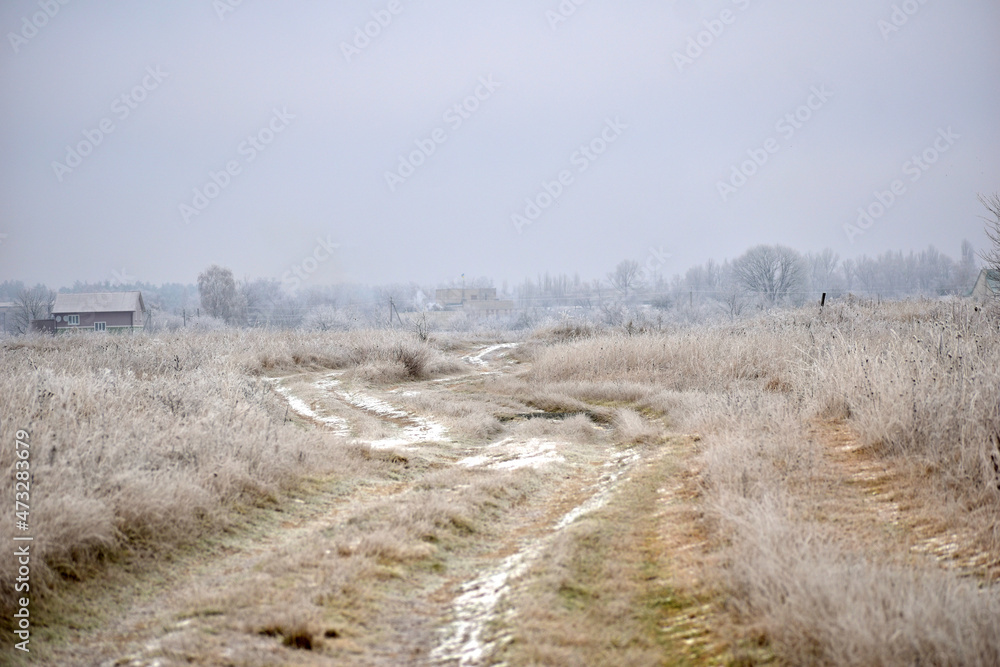 Winter. A winding dirt road covered with the first snow.