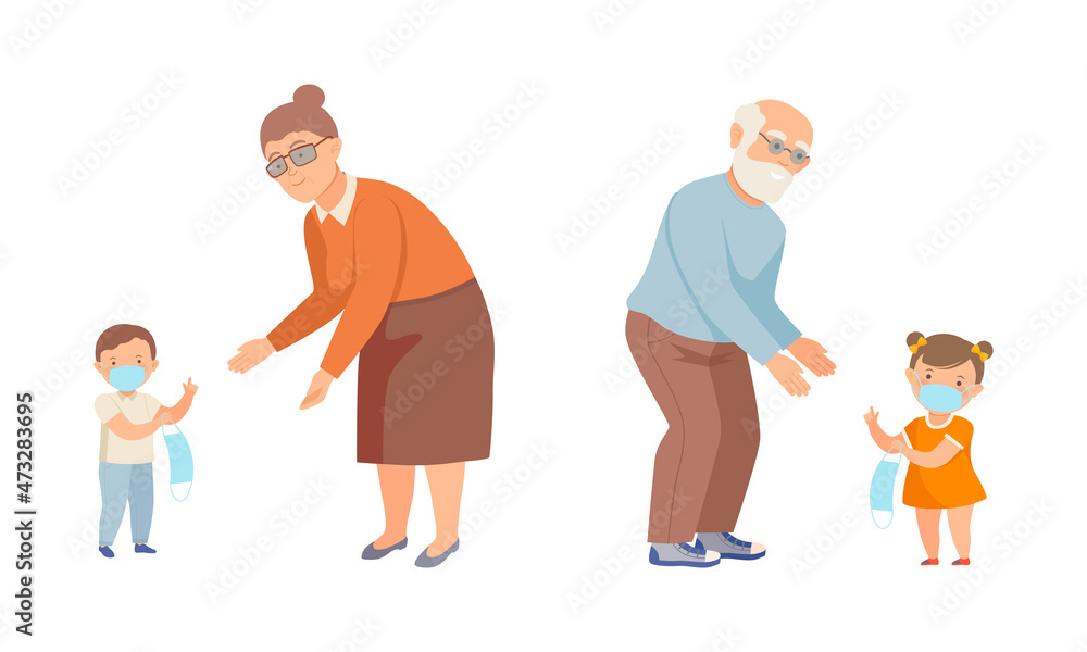 Little kids in face mask sharing protective masks with grandpa and grandma vector illustration